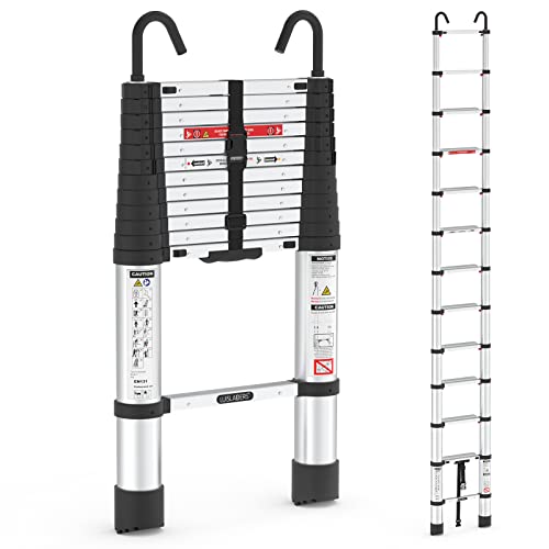 12.5ft Telescoping Ladder, LUISLADDERS Aluminum Telescopic Extension Ladder One-Button Retraction with Hooks EN131 330lbs Max Capacity, Multi Purpose Collapsible Ladder for RV or Outdoor Work