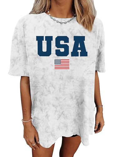 American Flag Shirt: USA Shirt for Women Oversized 4th of July Shirts Patriotic T-Shirt Bleached Short Sleeve Tops(White, X-Large)