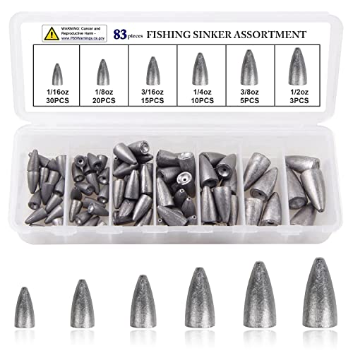 OROOTL Bullet Fishing Weights Sinkers Kit, 29/83pcs Worm Weights Assortment Bullet Sinkers Slip Weight for Bass Fishing Texas Rigs Carolina Rig Freshwater Saltwater Gear Tackle