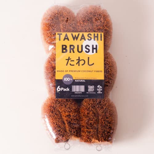 GrowByCoco Pack of 6 Tawashi 100% Natural Coconut Coir Fiber Brush, Ideal for Vegetable and Fruit Scrub, Kitchen Cleaning Needs, Kamenoko Japanese Design