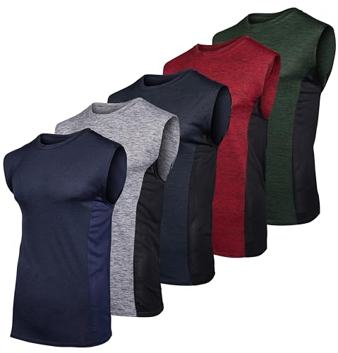 Real Essentials Men's Dry Fit Jersey Sleeveless Tank Top Muscle Yoga Active Men Basketball Beach Gym Workout Running Fitness Athletic Gym Bodybuilding Undershirt Tee T-Shirt, Set 10, L, Pack of 5