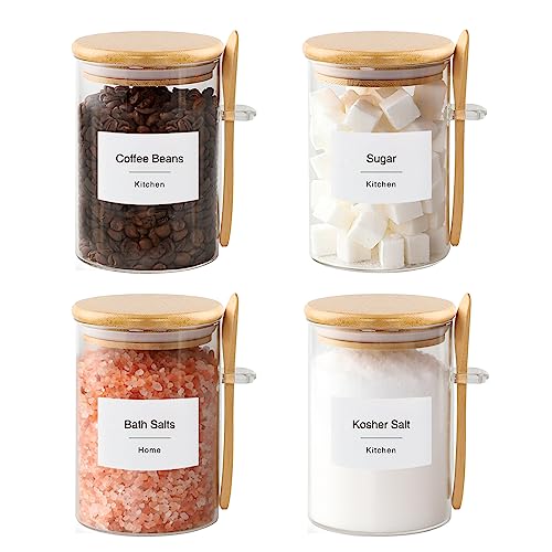 Sugar Jar Bath Salt Container – 17 oz Glass Jar with Bamboo Lid and Spoon, Sugar Cube Holder and Canister for Countertop, Glass Containers for Coffee Beans, Tea and Overnight Oats (4 Pack)