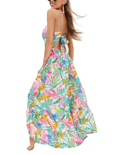 CUPSHE Women's Maxi Dresses V Neck Beach Sleeveless Cutout Ruffled Formal Spaghetti Straps Casual Long Summer Dress Pink Tropical, L