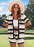 Pink Queen Women Knit Shorts Set 2 Piece Outfits Sweater Cam Shirt with Cam Shorts Sets Striped Black Large