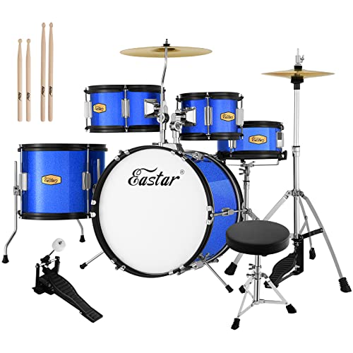 Eastar Drum Set for Kids - 16 inch 5-Piece Drum Kit for Beginners with Adjustable Throne and Cymbal, Pedal & Drumsticks, Metallic Blue (EDS-350MBE)