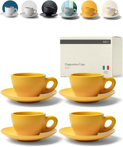 KIVY Cappuccino Cups Set of 4 [Set 4x 8oz] - Thick-Walled Stoneware Cappuccino Cup Set for Latte Art - Latte Art Mugs - Italian Capuccino Cups - Capuccino Ceramic Latte Cup and Saucer - Yellow