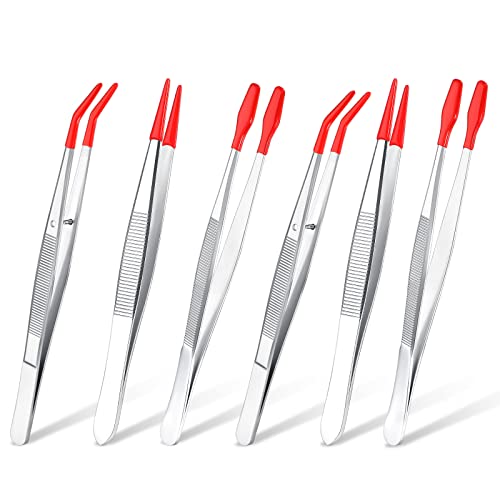 Mixweer 6 Pcs Rubber Long Tipped Tweezer Set for Jewelry Making Soft PVC Rubber Coated Tip Bent and Straight Flat Tip Precision Tweezer for Craft Bead Jewelry Stamps Industrial