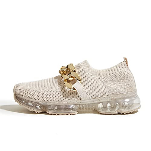LUCKY STEP Women Air Cushion Fashion Sneakers Breathable Casual Comfortable Lightweight Walking Shoes (Beige Chain,7B(M) US)