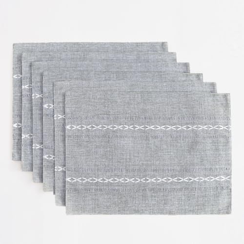 Wracra Cotton Linen Placemats, 12 x 18 Inch Set of 6 Placemats Rustic Hemstitch Place Mats for Kitchen Table and Heat Resistant-Hemstitch Grey