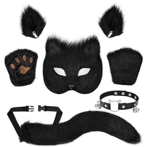 Yinhua Black Therian Mask and Tail Kit Faux Furrfy Fox Mask Cat Paws Gloves and Ears for Kid & Adult Halloween Cosplay Party