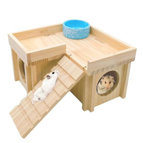 Acsist Wooden Hamster Hideout Hamster Wood House with Ladder Habitats Decor Detachable Small Animals Cage Accessories for Rat Gerbils and Other Small Pets