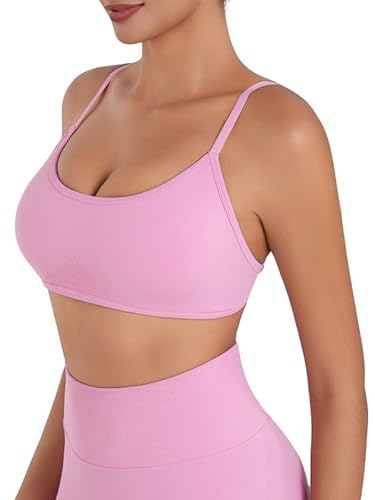 Sunzel Women's Open Back Sports Bra Adjustable Spaghetti Strap Seamless Low Impact Workout Gym Yoga Bra with Removable Pads Pink Medium