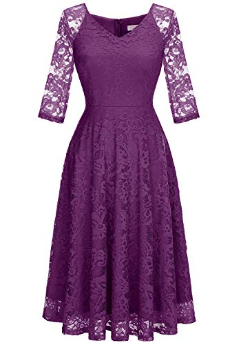 Dressystar Womens Long-Sleeve Wedding Guest Dress A-Line Lace Formal Party Cocktail Midi Dress Prom Gown Purple L