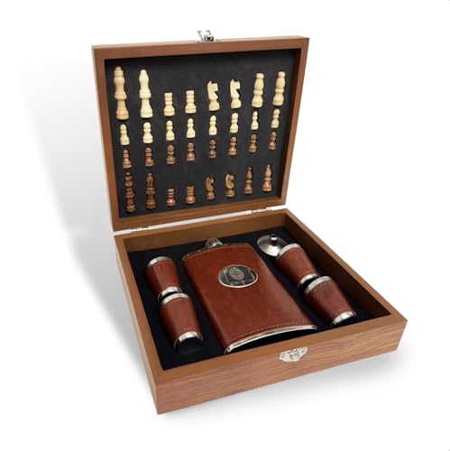 Generic Whiskey Gift Box - Brown Wooden Chess Board Box - Stainless Steel with PU Leather 8oz Hip Flask with Funnel and 4 Whiskey Glasses - Anniversary Gift for Men, Husband, Dad, Boyfriend, White