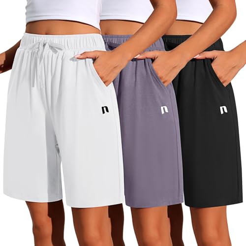 Neer 3 Pack Women's Quick Dry Shorts Women Drawstring High Waisted Bermuda Athletic Shorts with Pockets(Black,White,Dark Grey,Large)