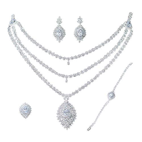 Jorsnovs Full Zircon Dubai Bridal Jewelry Set 5A Cubic Zirconia 3 Layered Necklace Dangle Earrings Bracelet and Ring Sets fit with Wedding Dress Gifts for Women