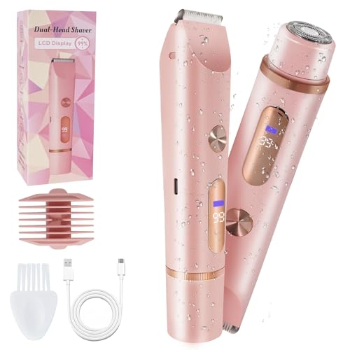 Bikini Trimmer for Women Electric Razors for Women Women's Electric Razor 2 in 1 Shaver Pubic Hair Trimmer Ipx7 Waterproof Wet Dry Use Bikini Shaver for Ladies Pubic, Legs, Face, Underarms (Pink)