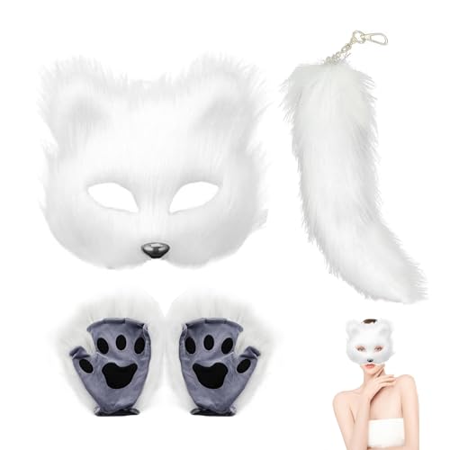 AOKILOM Therian Mask and Tail Set, Furry Animal Mask Tail Paw Gloves Cosplay Cat Fox Mask Wolf Tail Halloween Carnival Party Costume (White)