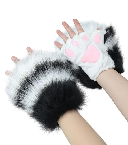 Focupaja Cat Paws Gloves Fingerless Furry Animal Cosplay Accessories Halloween Faux Fur Winter Gloves for Women Girls Black White
