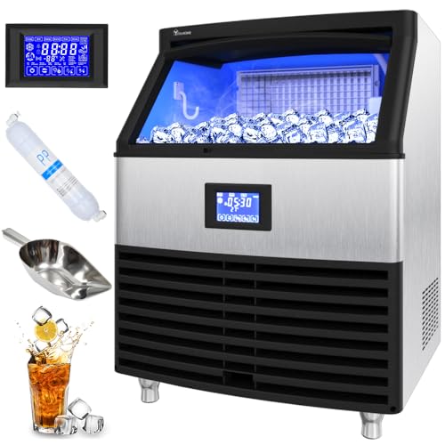 YITAHOME Upgraded Commercial Ice Maker Machine 300lbs/24h with 100lbs Storage Bin, Stainless Steel Ice Scoop, Blue Light, Freestanding Ice Machine for Home, Restaurants, Bars