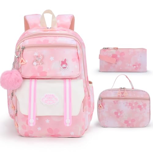 quvup Girls Backpack,Cute Print School Kids Backpack with Insulated Lunch Box Pen Case Set,Kindergarten Elementary School Book Bag for Girls Children Students(3 pieces set -Pink)