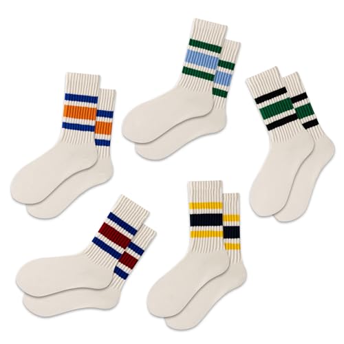 DarkCom Retro Striped Crew Socks 5 Pairs with Seamless Toe for Men and Women, Slouch Scrunch Casual Comfort