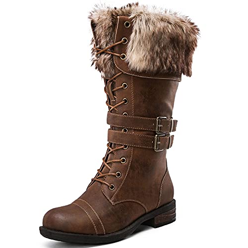 GLOBALWIN Women's Mid Calf To Knee High Boots Dressy Lace Up Brown Combat Boots for Women Low Heel Size 8.5M