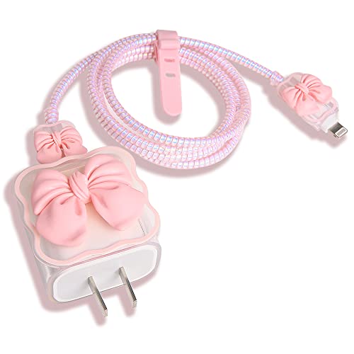 QLD COVER Compatible with iPhone 18W/20W USB-C Charger Cover Cute 3D Bow Tie Design Clear Soft Charger Protector Kawaii Cable Saver for iPhone 11 12 13 14 Pro Max Fast Power Adapter, Pink 2 (5in1)