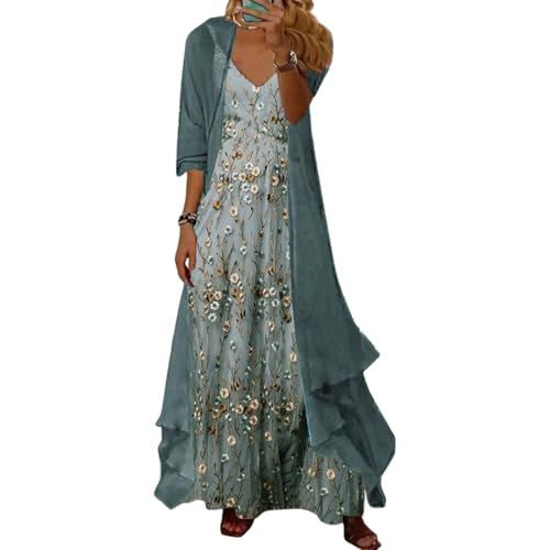 QXE Women's Casual 2 Piece Set 2025 Spring Fashion Outfits Floral Print Maxi Dress with Jacket Loose Irregular Hem Dress