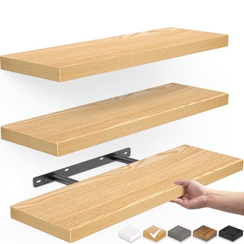 BAYKA Floating Shelves for Wall, Wall Mounted Rustic Wood Shelves for Bathroom, Bedroom, Living Room, Kitchen,Small Hanging Shelf for Books/Storage/Room Decor (Oak-Toned, Set of 3, 15.7in)