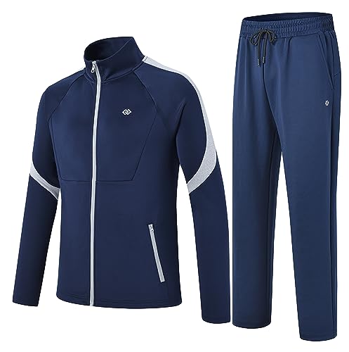 MoFiz Men's Casual Athletic Tracksuit Long Sleeve Sweatsuit Set Full Zip Running Jacket and Pants 2 Piece Outfits Gym Navy Grey 2XL