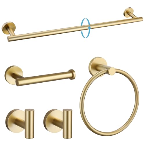 TURS Brushed Gold 5 Piece Bathroom Hardware Set, SUS304 Stainless Steel 24 Inch Bath Towel Bar Set, Round Bathroom Accessories Kit Wall Mounted