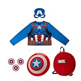 Marvel Captain America PowerPak - Backpack with Plastic Shield, Throwing (Size Small) Discs, Costume Top, and Plastic Mask Multi