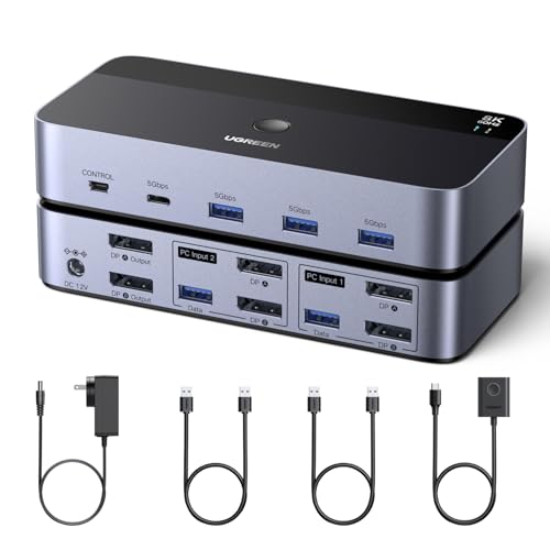 UGREEN 8K@60Hz Displayport KVM Switch 2 Monitors 2 Computers, Aluminum with 4 USB 3.0 Ports for 2 Computers Share Dual Monitors Keyboard Mouse Printer with 2 USB Cables/Power Adapter/Controller