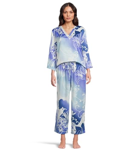 N Natori Women's Floral Nouveau PJ Set Length 24" Inseam 26", Blue, Small