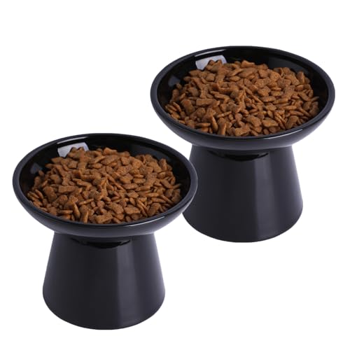 KITCHENLESTAR 6.2 Inch Extra Wide Elevated Ceramic Cat Bowls, Food and Water Bowl Set for Elder Big Cats Small Dogs, Raised Design for Pet Easy Eating, Protect Cat's Spine Set of 2(Black)