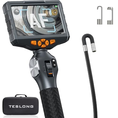 Teslong Autofocus Articulating Borescope, 5-inch IPS Endoscope Inspection Camera with Two-Way Articulation Auto Focus Probe, Industrial Fiber Optic Scope for Automotive Mechanics (0.24inch-5FT)
