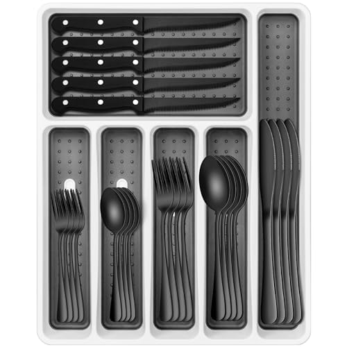 Black Silverware Set, Umite Chef 49-Piece Flatware Set with Drawer Organizer, Durable Stainless Steel Cutlery Set for 8, Tableware Eating Utensils with Steak Knives for Home Restaurant