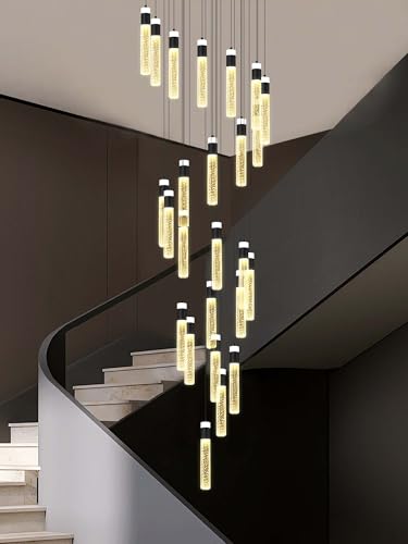 IDEQUY 130" Long Spiral Stair Bubble Crystal Chandelier for High Ceiling 25-Light Black Crystal Chandelier for Foyer Entrance Loft Dimmable 3000K-6000K