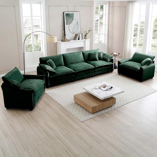 Oversized Cloud Couch Sofa Set 3 Pieces, 25.2" Deep Seat Comfy Corduroy Sofa and Chair Set of 2 Modern Modular Sectional Couches Set Furniture Sets Living Room Bedroom juego de muebles de sala, Green