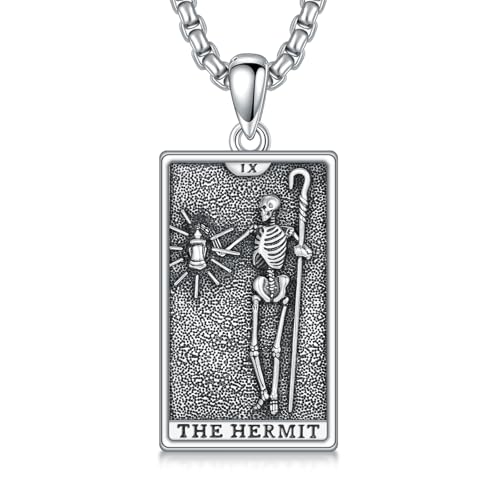 PELOVNY Skeleton Necklace 925 Sterling Silver Tarot Pendant The Hermit Tarot Card Necklace Skeleton Jewelry Christmas Birthday Gifts for Women Men Unisex