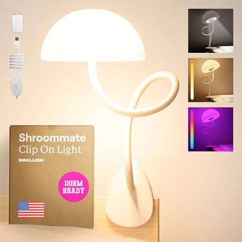 Shroommate Clip On Light and Bed Headboard Lamp, Bedside Table Lamp, Dorm Room Essentials, Night Light for Kids Nursery, Clip on for Desk, MultiColor LEDs, Adapter Included (White)