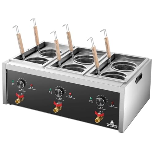 Koalalko Commercial Pasta Cooker with Drain Valve 3 Independent Tank 6 Pasta Strainers Noodle Cooking Machine Pasta Makers Boiler Temperature Adjustable Boiler For Spaghetti Ramen 110V US plug