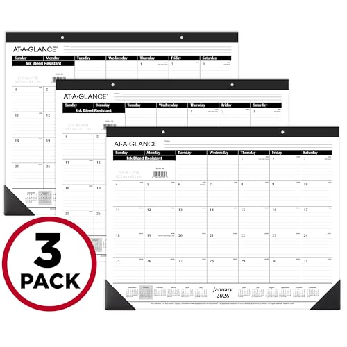 AT-A-GLANCE 2026 Desk Calendar, Desk Pad, Monthly, 21-3/4" x 17", Large, Ruled Blocks, 3 Pack (AZSK240026)
