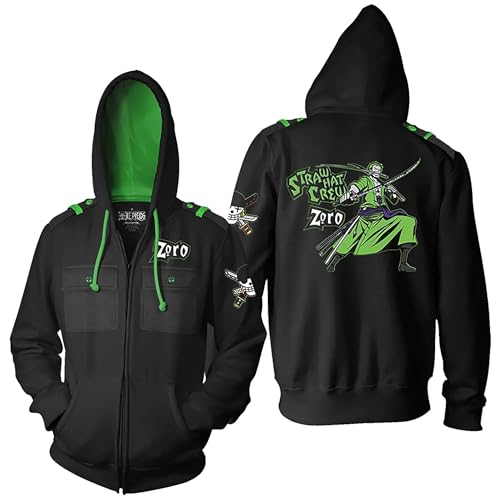 Ripple Junction One Piece Men's Full Zip-Up Hooded Sweatshirt Roronoa Zoro Pirate Hunter Anime Fleece Hoodie 3XL Black