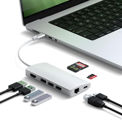 Satechi 8 in 1 USB C Hub Multiport Adapter V2, 4K HDMI, 115W USB C PD Charging, 3 USB-A, Ethernet, Micro/SD Card Readers, for Laptop, MacBook Pro/Air M4/M3/M2/M1, iPad, iPhone 16, Windows - Silver