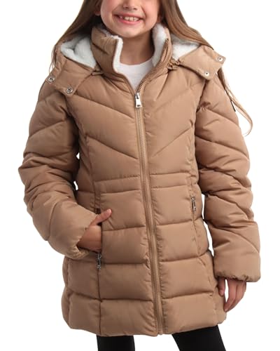 DKNY Girls’ Winter Coat – Heavyweight Anorak Puffer Coat with Cinched Waist – Sherpa Lined Insulated Jacket for Girls (4-16), Size 5-6, Toffee Beige