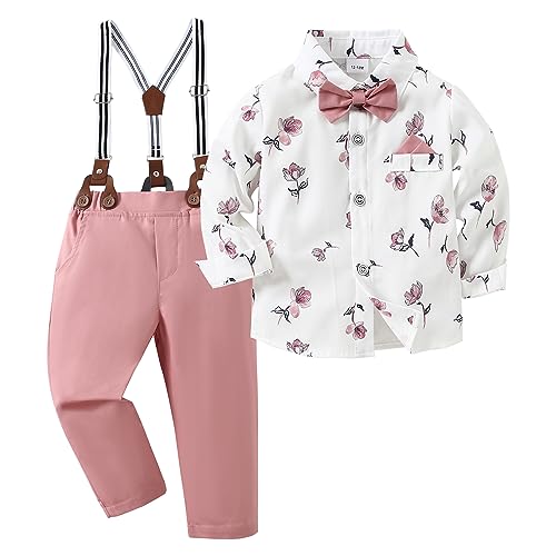 Boys Formal Outfit Suits for Boys Boy Dress Shirt with Bowtie/Suspender Pants for Formal Dinner 6-7 Years Pink