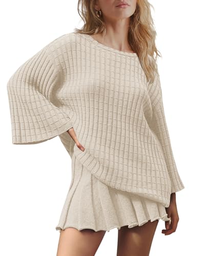 LAMISSCHE Womens Lounge Set Oversized 2 Piece Sweater Skirt Sets Long Sleeve Knit Top Pleated Skirts(Beige,S)