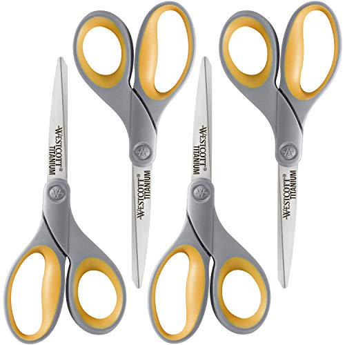 Westcott 8-Inch Titanium Bonded Scissors, Soft Handle, Straight Heavy Duty Scissors, Gray/Yellow, 4-Pack